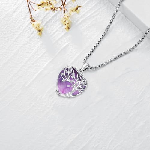 Turquoise/Amethyst/Moonstone/Black Onyx Tree of Life Necklace for Women Hummingbird Necklaces White Gold Plated Copper Jewelry - style: A-Tree of Life -Amethyst