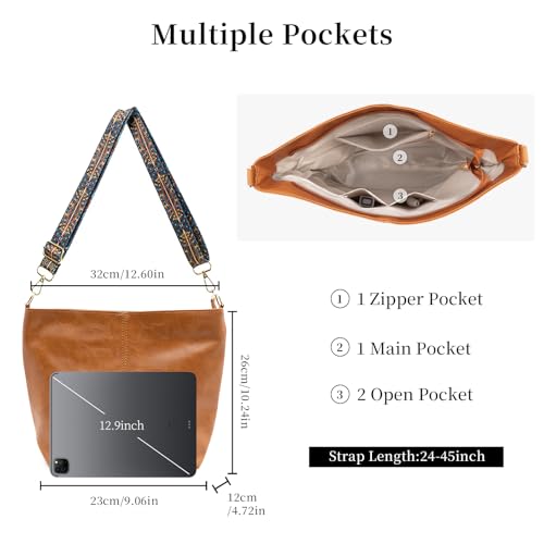 Hobo Bags for Women Crossbody Bag Guitar Strap Purse Vegan Leather Shoulder Handbags Boho Purses Tote Bucket Bag - color: Orange