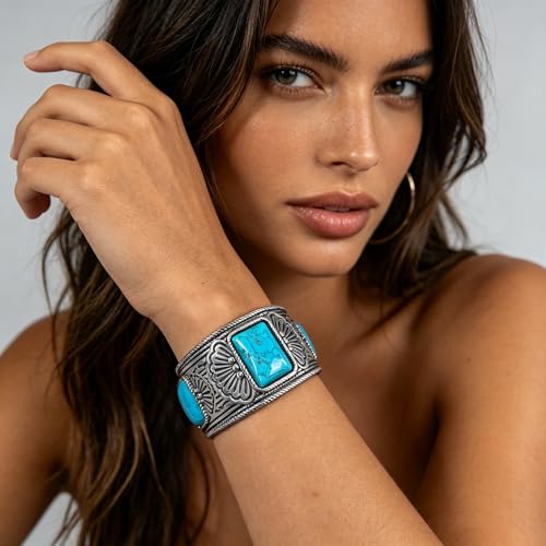 Western Bracelets for Women Vintage Chunky Turquoise Cuff Bracelet Turquoise Country Bracelets Adjustable Boho Cuff Bracelet Western Country Costume Jewelry Accessories - style: Silver Square