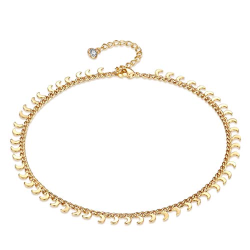 LOYATA Dainty Ankle Bracelet,14K Gold Plated Tiny Bead Anklet Dainty White Cubic Zirconia Cross Tassel Foot Chain Cute Lucky Moon Evil Eye Foot Jewelry Boho Anklets for Women - color: Moon