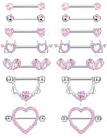 7 Pairs Nipple Rings for Women 14G Stainless Steel Pink CZ Heart Devil Acrylic Ball Straight Barbell Nipple Bars Tongue Rings Set Cute Nipplerings Piercing Jewelry Sliver Tone - color: Pink