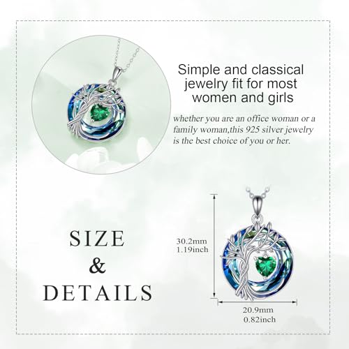 POPLYKE Mothers Day Gifts for Mom Her Wife Tree of Life Necklace 925 Sterling Silver Birthstone Pendant with Crystal Anniversary Birthday Wedding Jewelry for Women - color: 05-May-Emerald, style: White Gold Plated-Blue Crystal