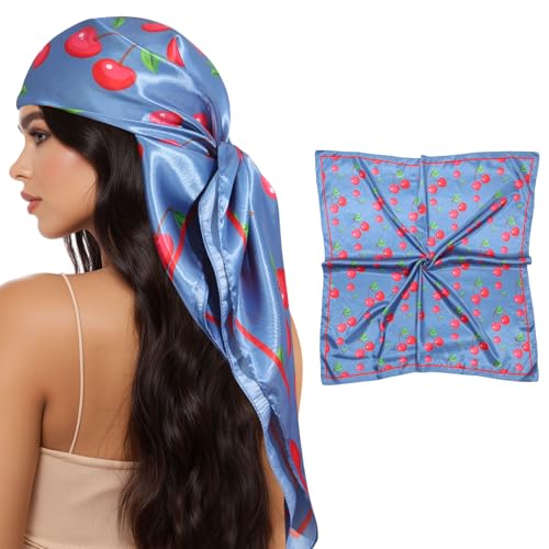 AWAYTR 35” Square Satin Head Scarf Hair Scarf for Women's Hair Silk Bandana for Women Silk Head Wrap for Sleeping - color: Cherry Blue
