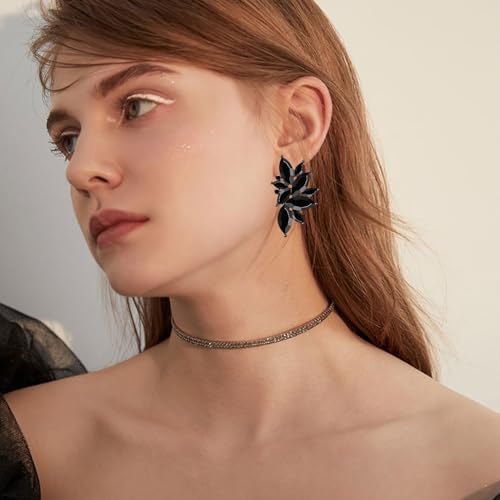 Bohemian Statement Sparkly Colourful Fancy Rhinestone Crystal Flower Dangle Drop Stud Earrings Vintage Wedding Bridal Prom Earrings for Women - color: Black
