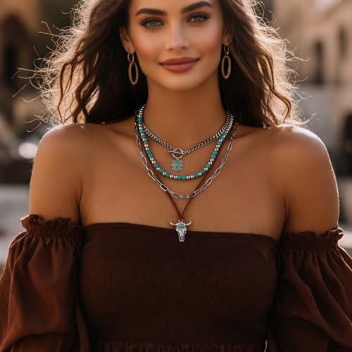 Western Necklaces Boho Layered Charm Necklace for Women Turquoise Beaded Choker Ox-head Pendant Necklace Western Jewelry for Women Cowgirl Accessories - color: Style-A