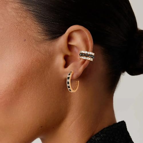 MEVECCO Ear Cuff Non Piercing for Women 18K Gold Plated Dainty Ear Cuff Earring Stacks Cartilage Clip On Wrap Huggie Minimalist Fake Piercings Open Hoops Jewelry Gifts - style: black