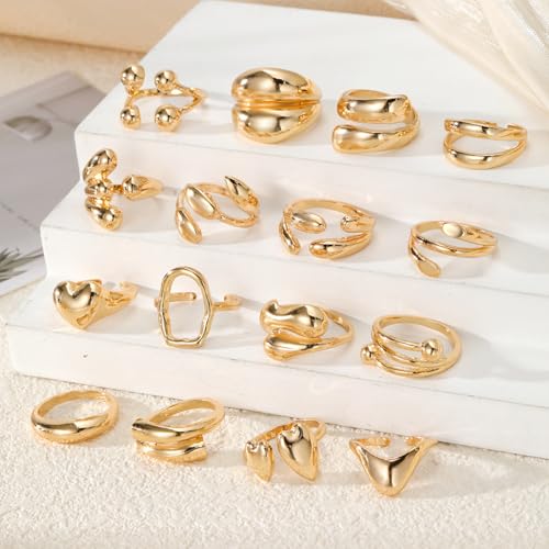 IFKM Gold Chunky Rings Set for Women 14k Gold Plated Thick Dome Stackable Open Rings Trendy Dainty Minimalist Jewelry Gifts - color: Gold, style: 16pcs Encircle