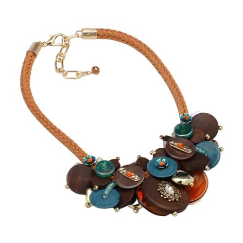 Chunky Statement Wood Pendant Necklace for Women Rope Braided Colorful Resin Stone Tribal Ethnic Bold Boho Fashion Jewelry - color: N1540-colorful