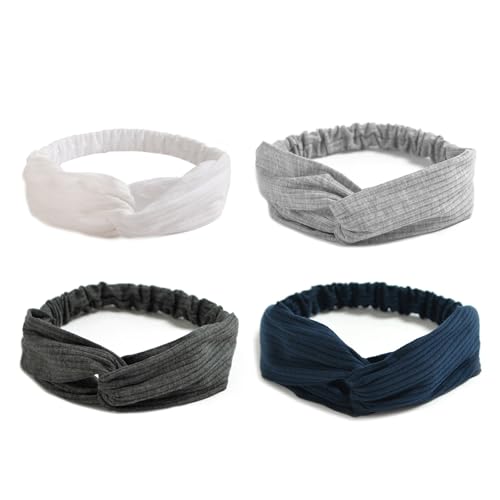 AQOKKA Elastic Knotted Headbands for Women Cloth Head Hair Bands for Women's Hair Non Slip Boho Wrap Twisted Hair Accessories - color: 4 Pack Cross Ribbing : White, Navy, Light Grey, Dark Grey