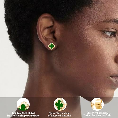 Elegant Black Onyx Clover Stud Earrings, 14K Gold Plated Four Leaf Hypoallergeinc Stud Stainless Steel Flower Earring Lucky Simple Jewelry Gift for Women Shiny Multiple Onyx Colors - color: Green Clover Stud Earrings