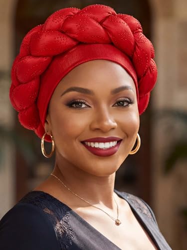 Woeoe African Headwrap Gold Braided Turbans for Women - color: Red
