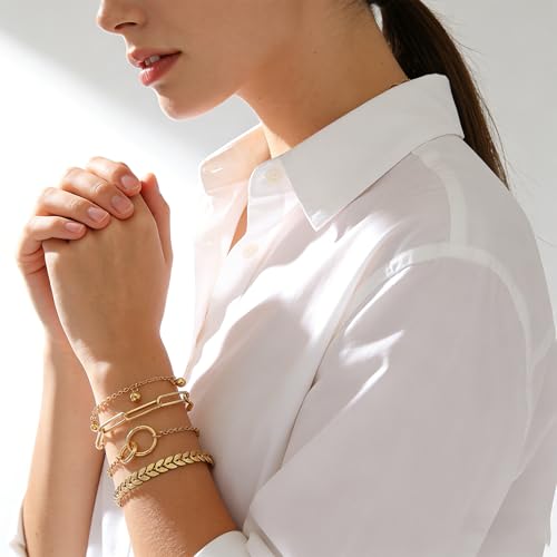 Alegend Titanium Steel (Not Rust, Resist Corruption, Easily Clean) 18K Gold Plated Single Bracelets + 14K Gold Plated Stackable Multilayer Bracelets - style: 14KGold + 4PCS C