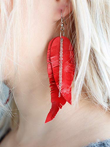 Black shiny Leather Feather Earrings for Women, Lightweight Minimal Boho Dangle Earrings, Small Simple Everyday Jewelry - color: red