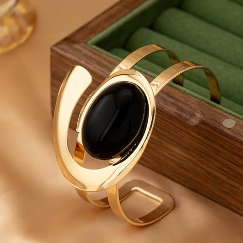 Boho Open Bracelet Ring Set for Women Black and Gold Jewelry Set Oval Cuff Bracelet Adjustable Ring Vintage Jewelry - style: Black