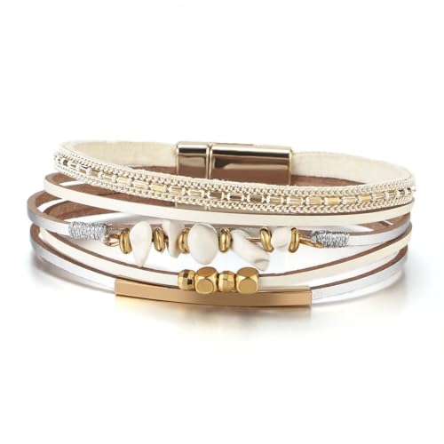 Turquoise Leather Wrap Bracelet for Women Cross Boho Beaded Stack Wrap Cuff Bracelets Stackable Crystal Bangle With Gold Silver Bohemian Jewelry Gift - color: white