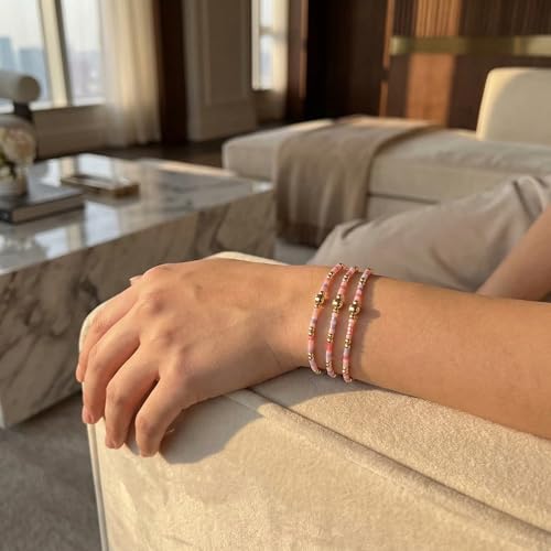 Dainty Gold Plated Tiny Ball Colorful Beaded Stack Bracelets Sets for Women,3Pcs Stackable Cute Bracelet Stretch Trendy Ball Jewelry Friendship Gift - color: pink