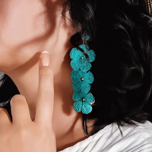 Boho Flower Earrings Statement Raffia Dangle Earrings Cute Floral Jewelry Trendy Summer Beach Vacation Outfits for Women - color: Teal-2