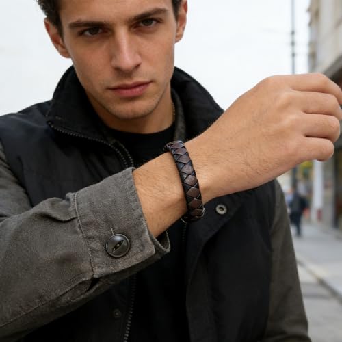 Men's Leather Bracelet, Stackable Stainless Steel Clasp Bracelets for Men Stylish Birthday, Thanksgiving, Valentine's Day Gift for My Man - style: 8.2" Long 10MM Wide Dark Purple Woven