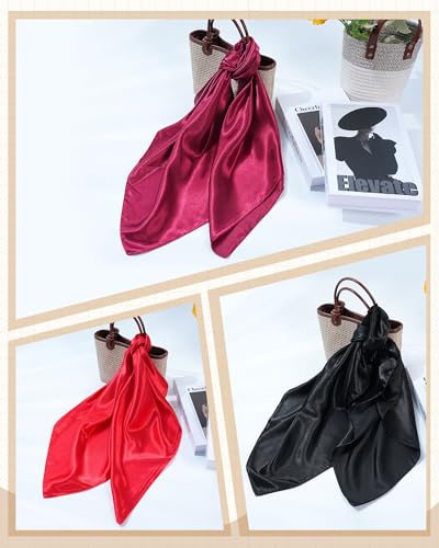 Mesovor 35” Square Head Scarf for Women, 3 Pack Like Silk Satin Headscarf Hair Neck Scarf Top Bandanas for Sleeping - color: Bright Red + Burgundy + Black