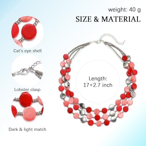 Noessla Layered Beaded Chunky Necklace for Women Boho Two-color Shell Statement Necklace Fashion Collar Costume Jewelry Gifts for Mum - color: Red