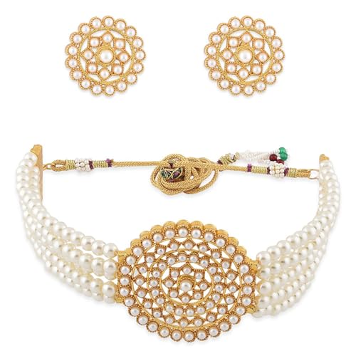 Aheli Pearl Diamond Choker Necklace & Round Earrings Gift for Women Indian Traditional Bollywood Fashion Bharatanatyam jewellery set - color: White 1