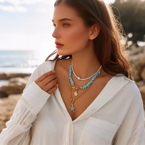 Western Necklaces Boho Layered Charm Necklace for Women Turquoise Beaded Choker Ox-head Pendant Necklace Western Jewelry for Women Cowgirl Accessories - color: Style