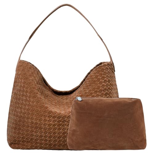 Leather Woven Tote Bag for Women, Vintage Suede Woven Hobo Bag, Large Crossbody Shoulder Slouchy Handbag - color: Brown