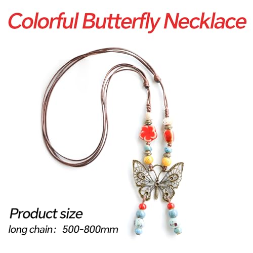 Boho Necklace for Women,Vintage Butterfly Pendant Necklaces,Adjustable Wooden Beads Layered Braided Choker,Fashion Tribal Style Leather Rope Necklace Jewelry,Chunky Statement Gift for Women - color: Colorful5