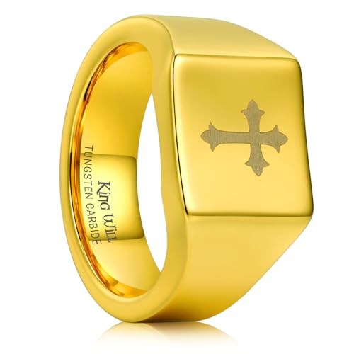 King Will Men's Tungsten Signet Rings Thumb Pinky Biker Band Ring For Men High Polished Plain Wedding Statement Ring Comfort Fit Size 7-12 - color: Cross-Gold