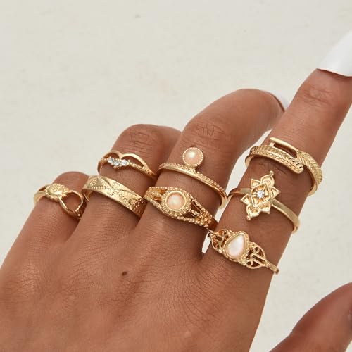 FAXHION 24-60 Pcs Gold Stackable Rings for Women, Knuckle Rings Chunky Gold Ring Set Dainty Stacking Cute Rings, Multiple Sizes Cute Jewelry Set Gift - style: Vintage