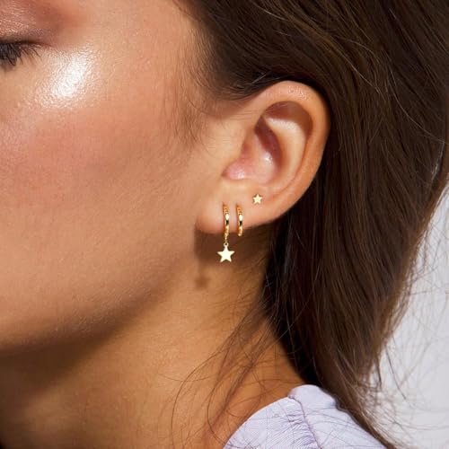 3 Pairs Small Earring Stacks, 14K Gold/Silver/Black/Rose Gold Plated Pearl Heart Butterfly Star Diamond Charm Drop Huggie Earrings Trendy Jewelry Gift for Women - color: Gold-Star