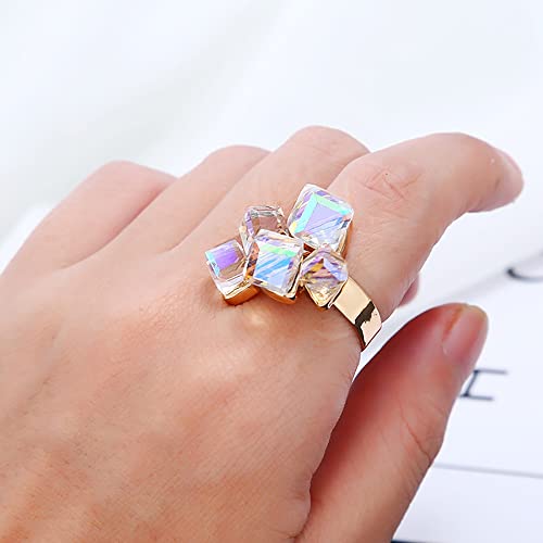 Hebelee Boho Square Crystal Statement Ring for Women Gold-Toned Adjustable Expandable Promise Engagement Geometric Rings Comfort Fit Elegant Art Deco Birthday Christmas Cocktail Party Y2K Jewelry - color: AB Crystal