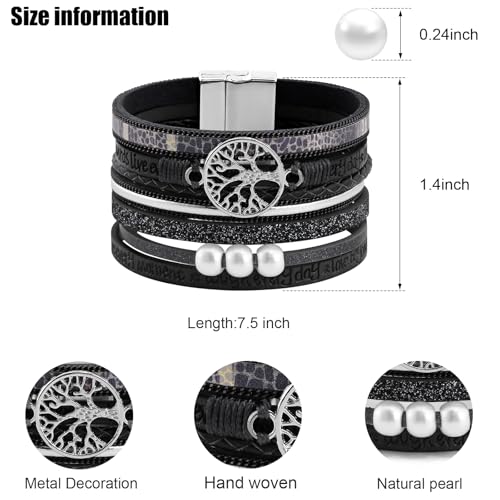 VIBILIA Boho Leather Wrap Bracelets for Women Multi-Layer Bracelets with Strong Clasp Jewelry for Women - color: 05-Tree of Life-Black