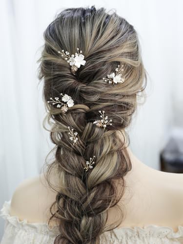 Handmade Pearl Bridal Wedding Hair Pins 6Pcs White Flower Gold Leaf Pearls Clips Bridal Hair Accessories for Women Brides Bridesmaid - color: Gold / Pearl White Flower