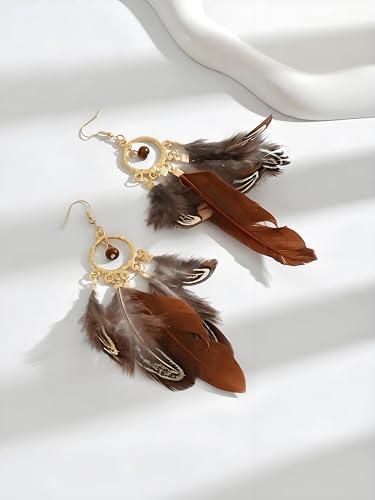 Feather Earrings for Women, Boho Long Brown Gold Dangle Drop Earrings, Handmade Statement Vintage Western Style Lightweight Trendy 2026 Fancy Unique Jewelry Gift - color: Brown