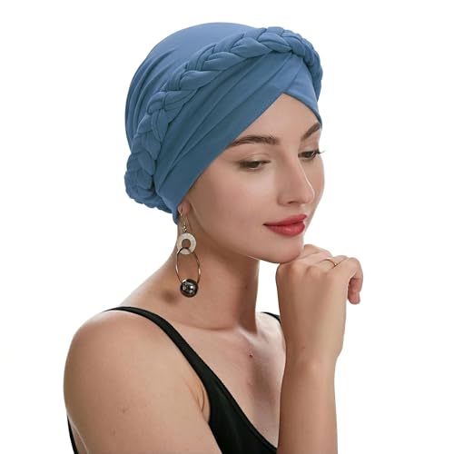 ZLYC Chemo Headwear for Women Pre Tied Turban Headwear Lightweight Beanie Hat - color: Braid Haze Blue
