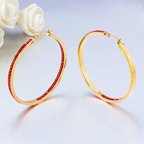 CiNily Mult-colors Crystal Stainless Steel Hoop Earring for Women Hypoallergenic Jewelry for Sensitive Ears Large Big Hoop Earrings 2" - color: Gold-Red CZ