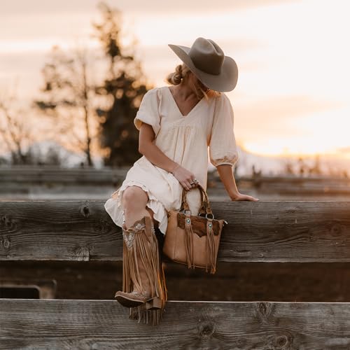 Montana West Western Cowhide Crossbody Bag for Women Designer Leather Tassel Top Handle Handbags - color: Beige