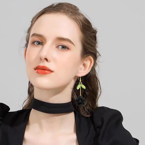 Resin Flower Cluster Ball Dangle Drop Earrings for Women Spring Summer Bohemian Floral Petal with Green Leaf Earrings Vacation Party Jewelry - color: Black