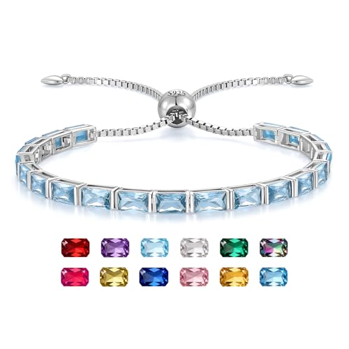 Radiant Cut Birthstone Tennis Bracelets for Women, Adjustable 6–9 Inches White Gold Plated Sterling Silver Bracelet, Hypoallergenic Anniversary Birthday Valentine’s Day Gift for Her - color: 03-Aquamarine