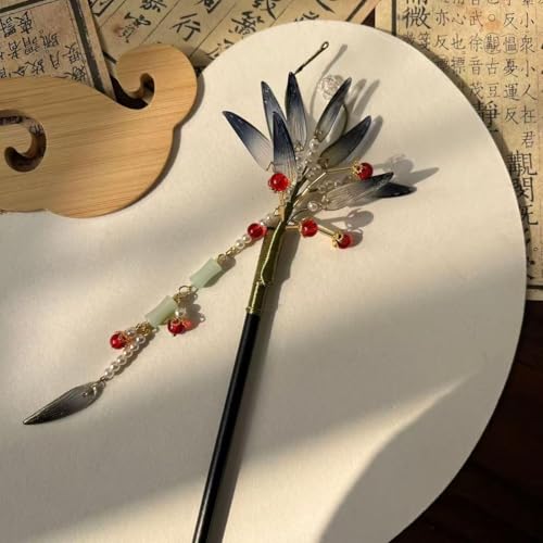 Feather Design Hairpin with Black Resin Leaves & Bamboo Pendant on Natural Wood Stick - Chinese Hanfu Minimalist Hair Accessory for WomenBlack Bamboo) - color: Black Bamboo