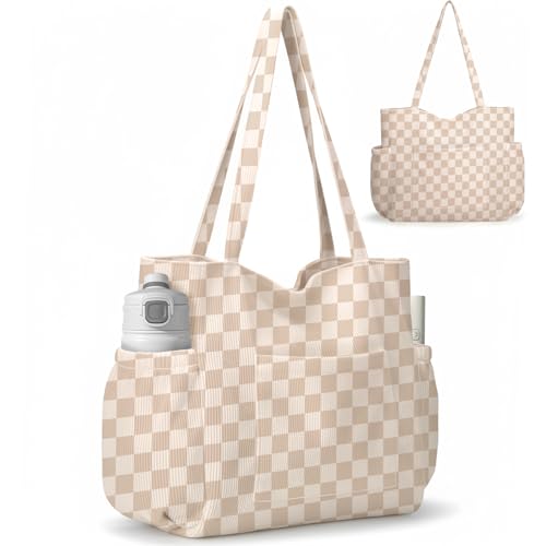 Corduroy Tote Bag for Women,Large Capacity Cute Tote Bags With 6 Pockets,Crossbody Shoulder Handbag for Work Travel Gym - color: Khaki Grid-a