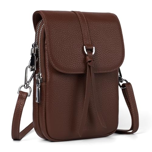 befen Genuine Leather Small Crossbody Bags for Women, Multi Pocket Cell Phone Crossbody Purse with RFID Blocking Card Slots - color: Dark Brown