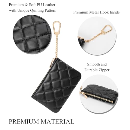 Quilted Leather Coin Purse with Keychain - Small Coin Pouch Key Pouch Small Card Holder Keychain Wallet Change Purse for Women and Men (Black) - color: Black