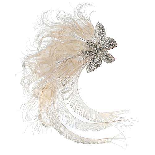 Fascinator Peacock Feather Hair Clips Flapper Headband Art Deco 20's Accessories for Women - color: 09white