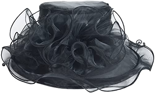 ORIDOOR Women’s Organza Church Tea Party Wedding Fascinator Derby Hat Wide Brim Sun Hats - color: F-black