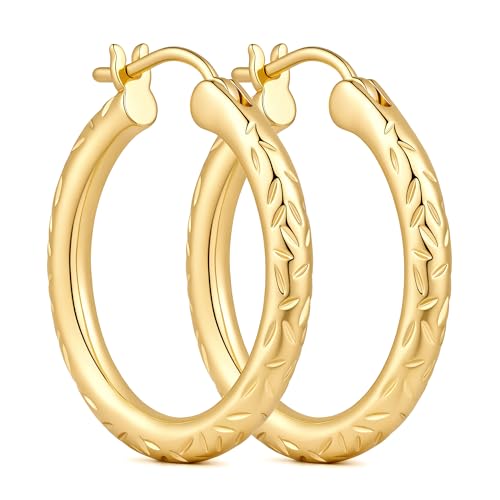 Gold Hoop Earrings 14K Gold Earrings for Women 14K Gold Hoop Earring for Women Leaf-Inspired Engraved Texture Hoops Earring for Womens Hoops 25/30MM - size: 30MM