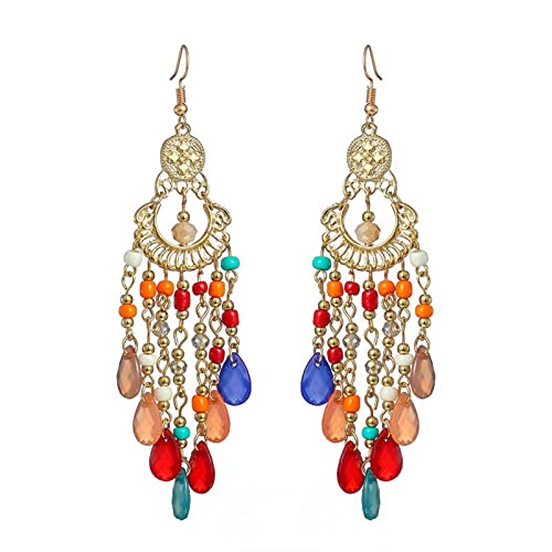 Long Beaded Tassel Earrings Bohemia Native Tassel Drop Earrings Handmade Seed Bead Tribal Dangle Earrings Boho Multicolor Crystal Beaded Tassel Earrings for Women (Colorful)