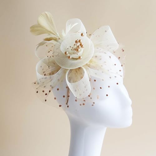 Fascinators Hat Pearl Earrings Necklace Bracelets Gloves 1920s Headband Hair Clips Women Flower Mesh Feather Headpiece Headwear Halloween Carnival Cocktail Wedding Tea Party Accessories Beige - color: Beige + Golden