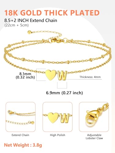 Silvora Ankle Bracelets for Women Waterproof 14K Gold/Silver/Black Initial Anklet for Women Dainty Layered Heart Ankle Bracelets Stainless Steel Adjustable Foot Chain Anklet Summer Beach Jewelry - color: Gold-14K Gold Plated, size: 23.W